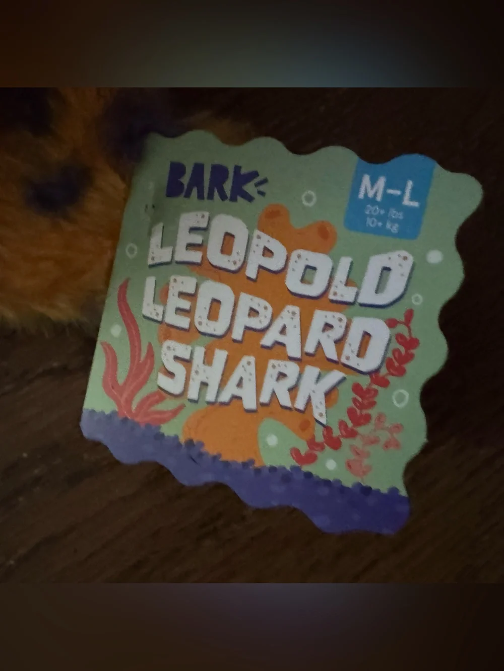 Bark Box M-L Dog Toy NEW Leopold Leopard Shark crinkle & squeak Shark Dog toy